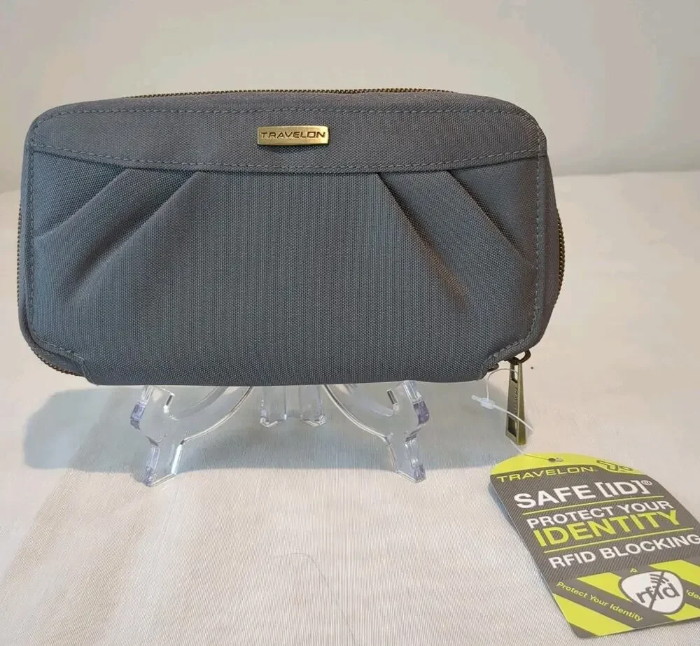 Travelon Safe ID Gray Polyester RFID Women’s Zip Around Wallet Wristlet New